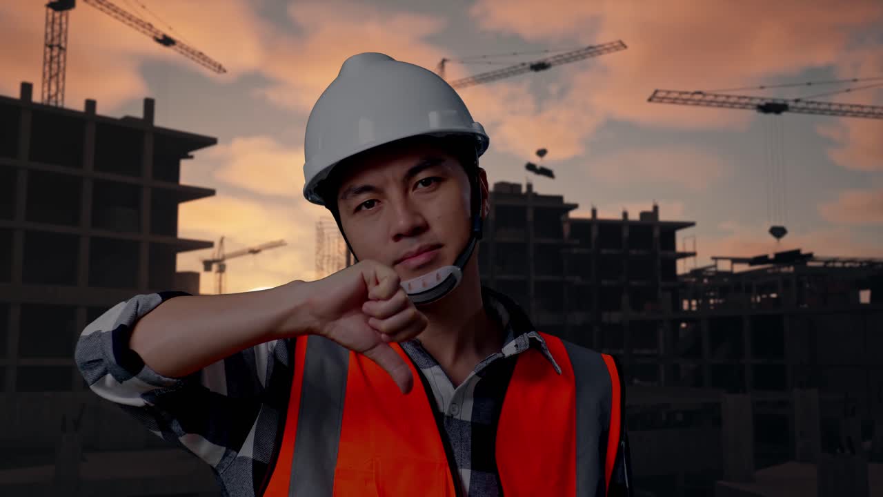 Close Up Of Asian Male Engineer With Safety Helmet Showing Thumbs Down Gesture And Shaking His Head While Standing At Building & Construction Site in Progress to New House
