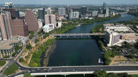 looking down colorado river towards first street bridge and south congress bridge