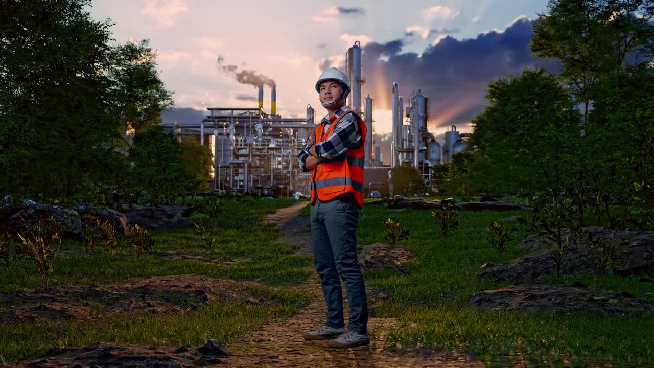Full Body Side View Of Asian Male Engineer With Safety Helmet Crossing His Arms And Looking Around While Standing In Front Of Oil Refinery