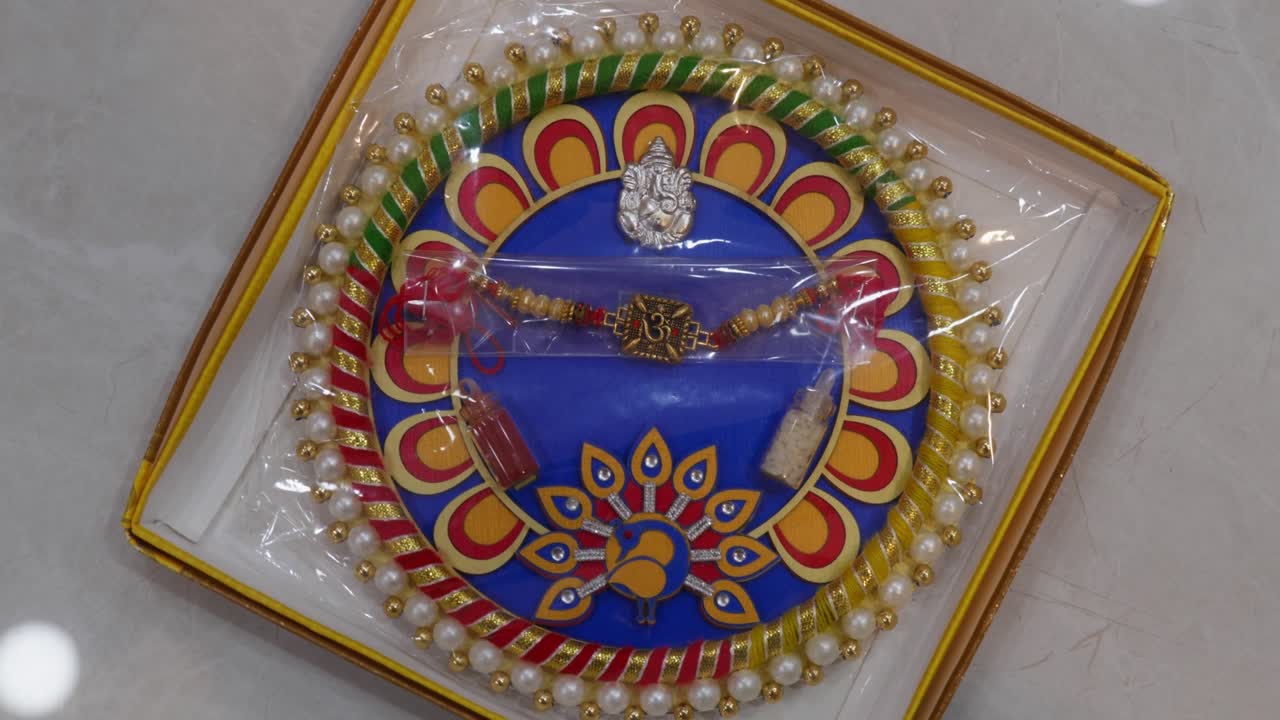 Designer Rakhi Gift Thali with Beads Rakhi and Pooja Items for Raksha Bandhan. internal shot, parallax shot, 4k