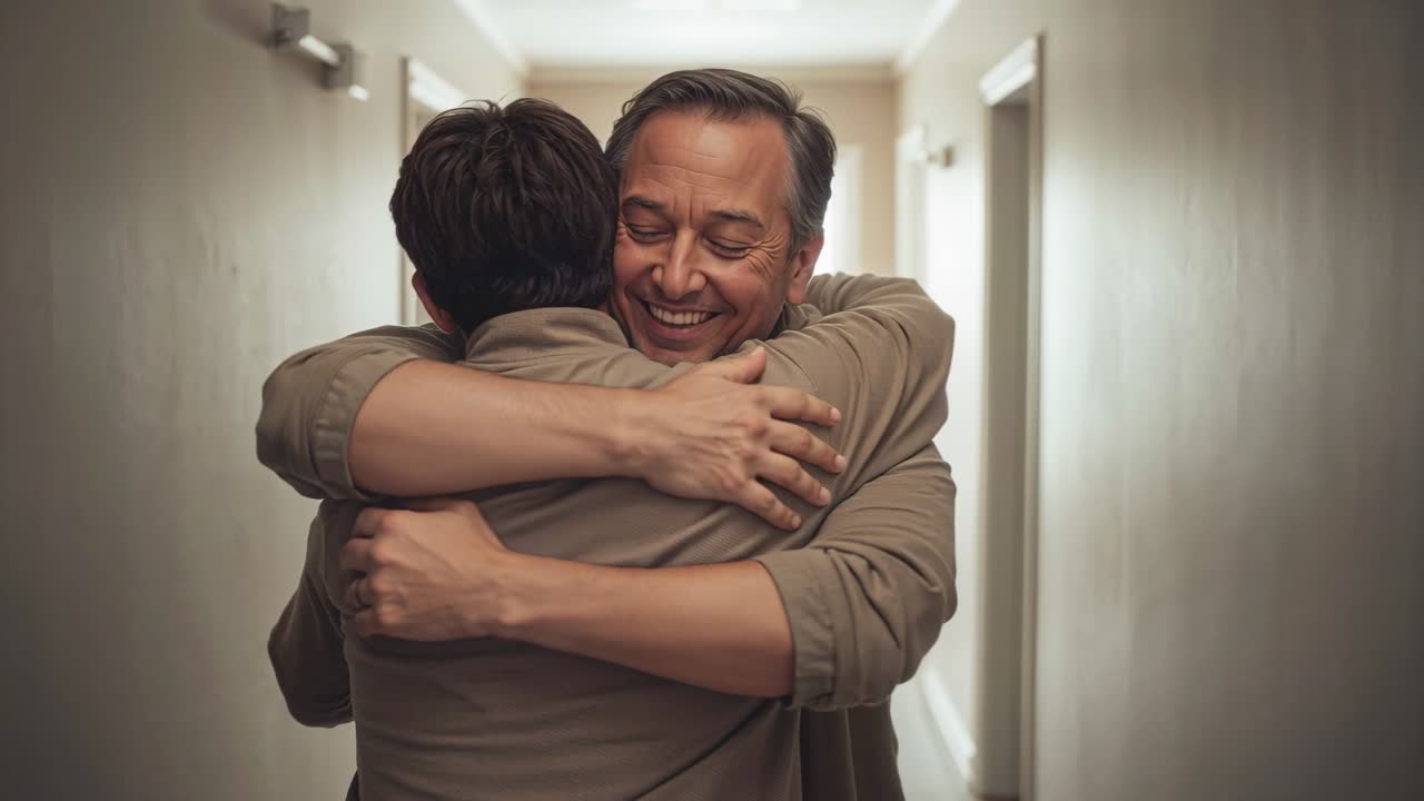 Uomo anziano sorridente e un altro uomo si abbracciano in uno stretto corridoio di casa, mostrando la fede nuziale.