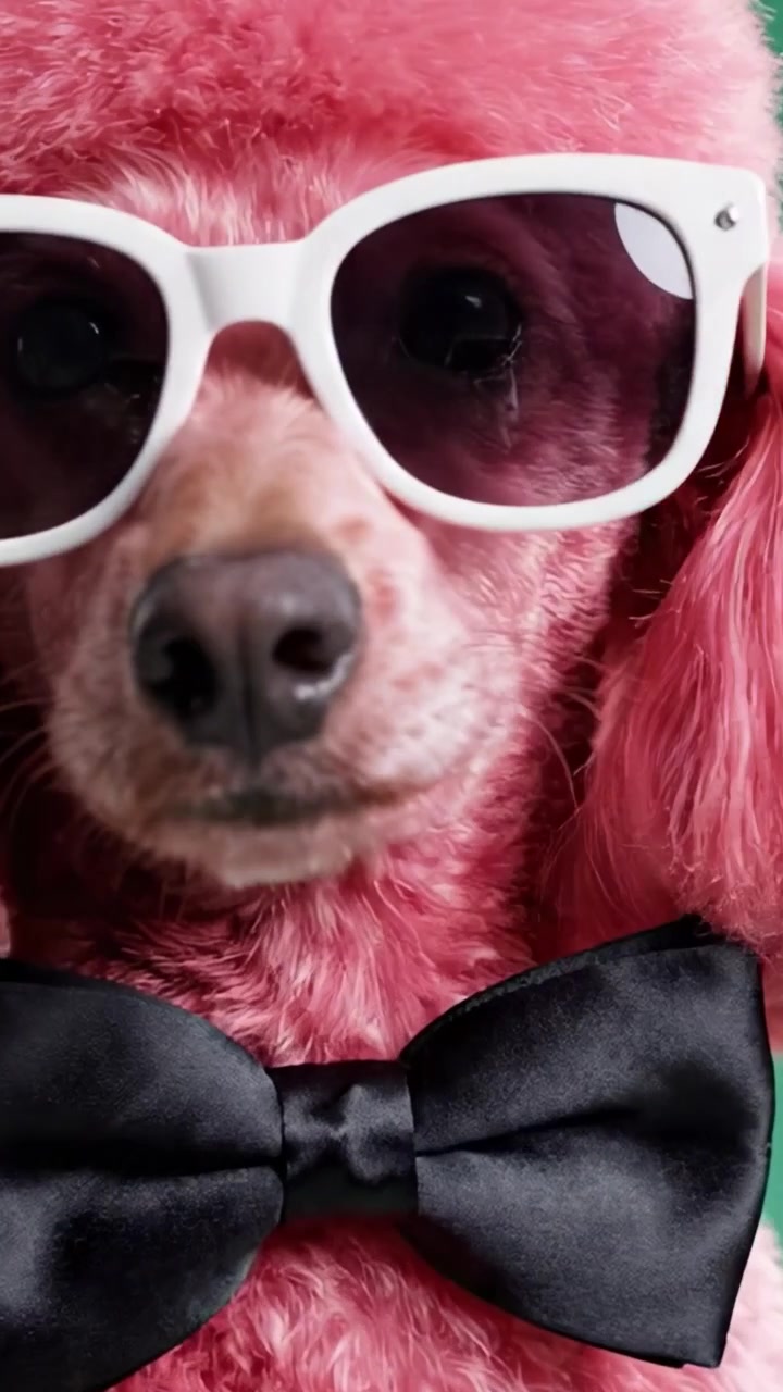 Barboncino Rosa Deliziosamente Elegante con Occhiali da Sole e Papillon: Un Ritratto Vivace che Cattura il Fascino Canino e lo Stile alla Moda