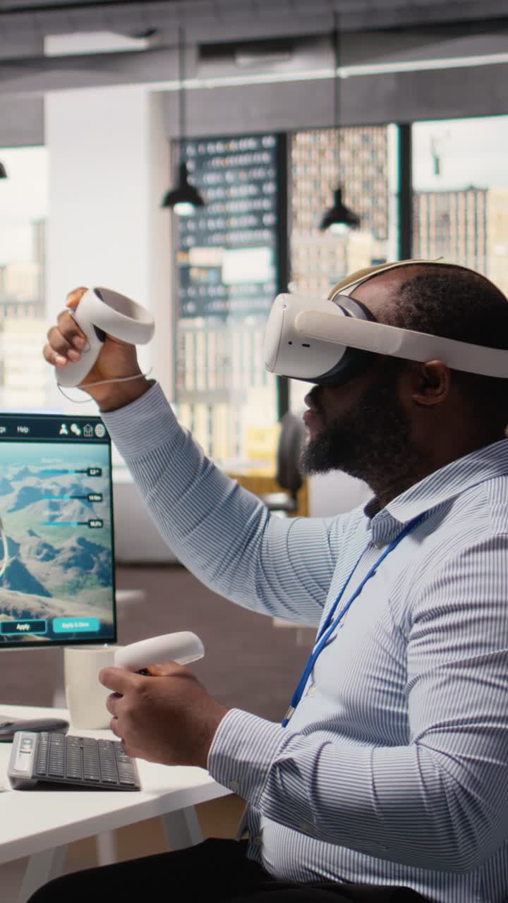 Engineer using virtual reality simulation to do clean energy technology testing