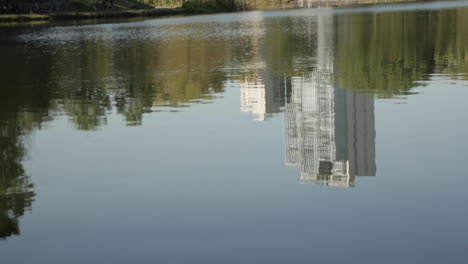 high rise buildings reflected in pond at park in the city