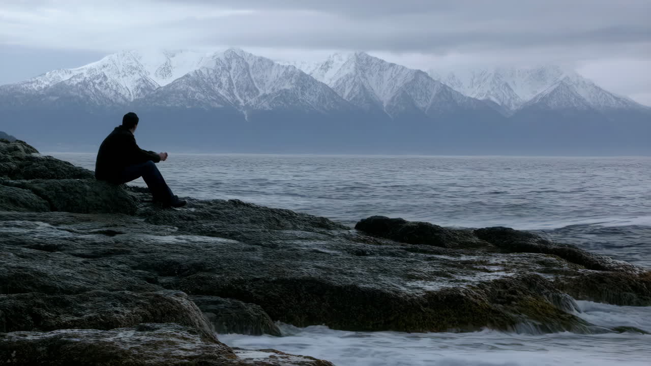 Man sitting on a rocky shore contemplating the ocean and snowy mountains
