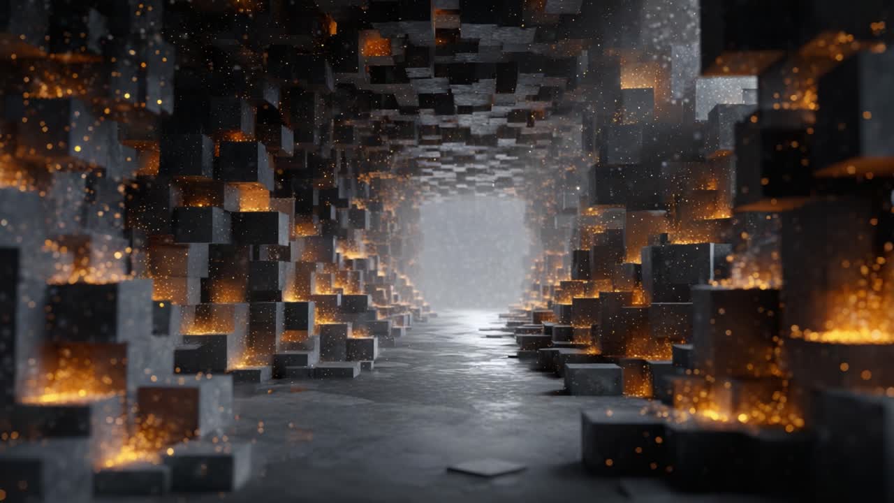 Exploring an Enigmatic Tunnel: A Stunning Visual Journey Through a Mesmerizing Cavern of Blocks and Glowing Light in an Abstract 3D Environment