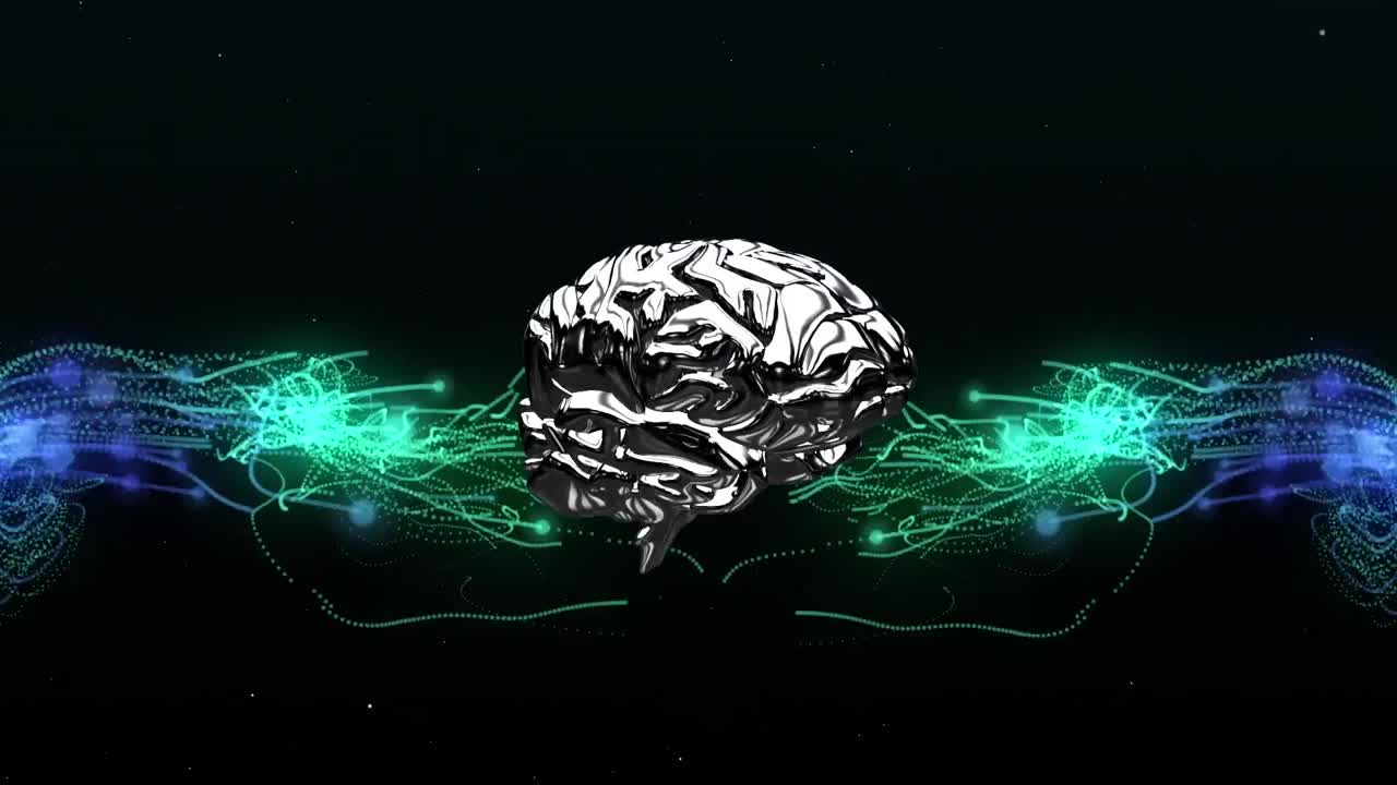 icono del cerebro humano girando sobre ondas digitales verdes y azules contra un fondo negro
