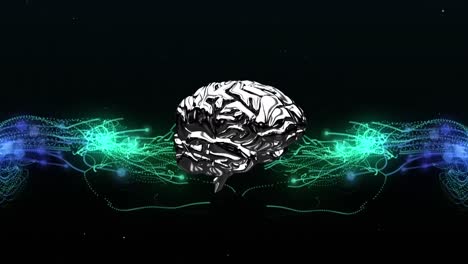 human brain icon spinning over green and blue digital waves against black background