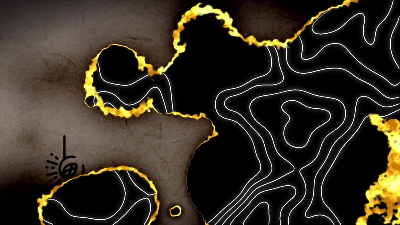 Animation of burning antique document over moving topographical chart on black background