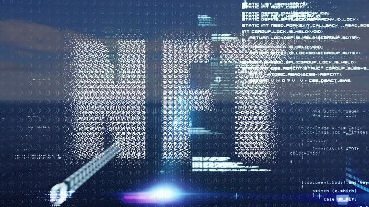 Animation of nft text over data processing and sea landscape