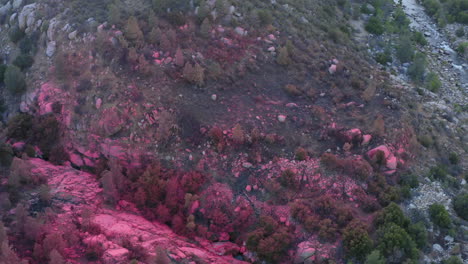 Red-fire-retardant-chemicals-dropped-over-mountain-valley,-wildfire-prevention