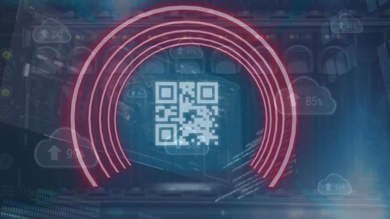 Animation of qr code, digital clouds and data processing over server