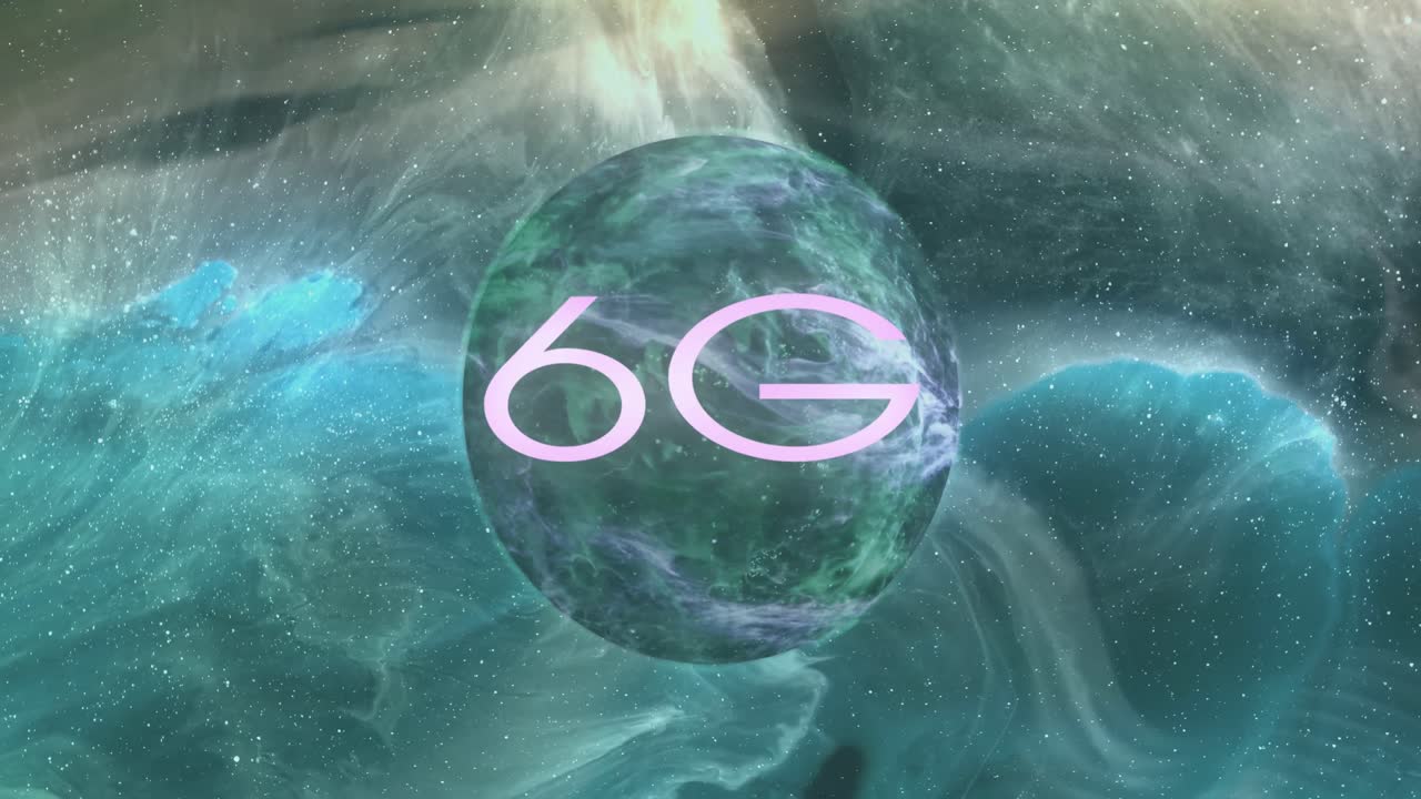 animación de texto 6g y procesamiento de datos sobre el globo en fondo oscuro