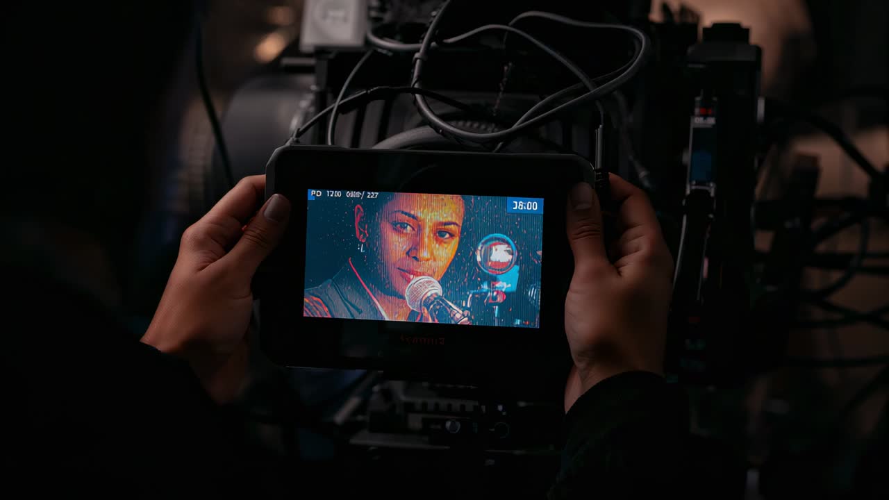 Holding monitor operator reviewing vocalist singing at retro mic blazer earring timecode updating