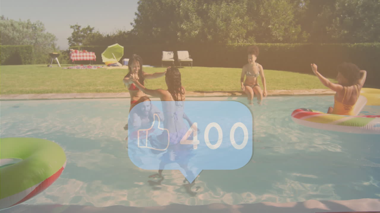Playing in pool, children with animation of social media like count overlay