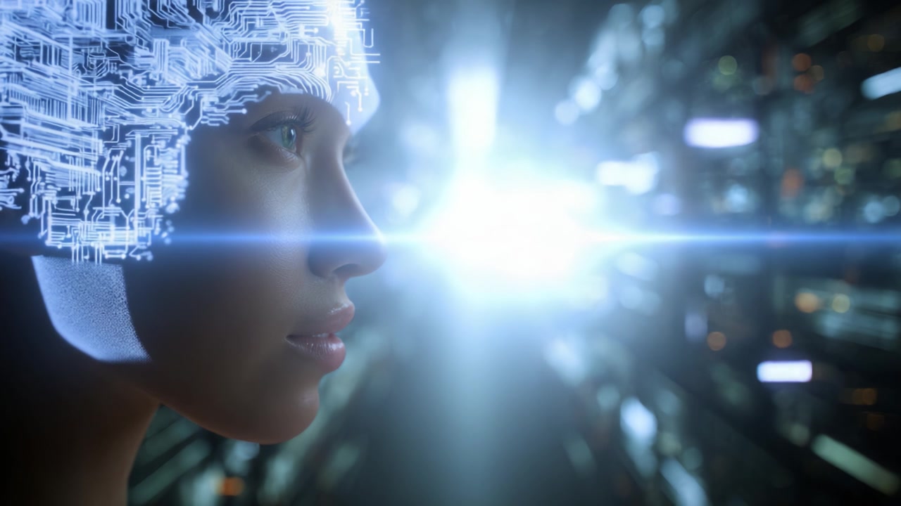 A futuristic human-like figure with a digital circuit brain is displayed, set against a holographic environment of shimmering lights and technology.