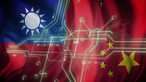 animation of computer circuit board and data processing over flag of taiwan and china