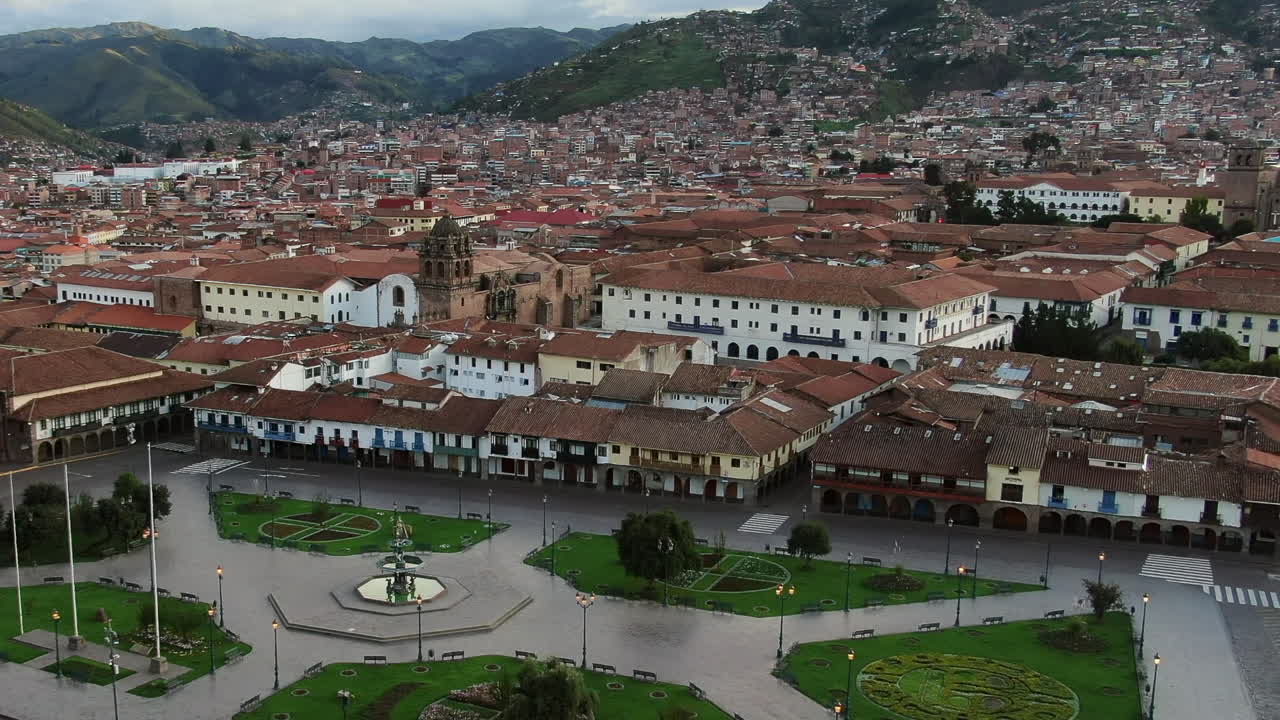 Aerial orbit panorama looking over Plaza de Armas, the city of Cusco and the Peruvian Andes