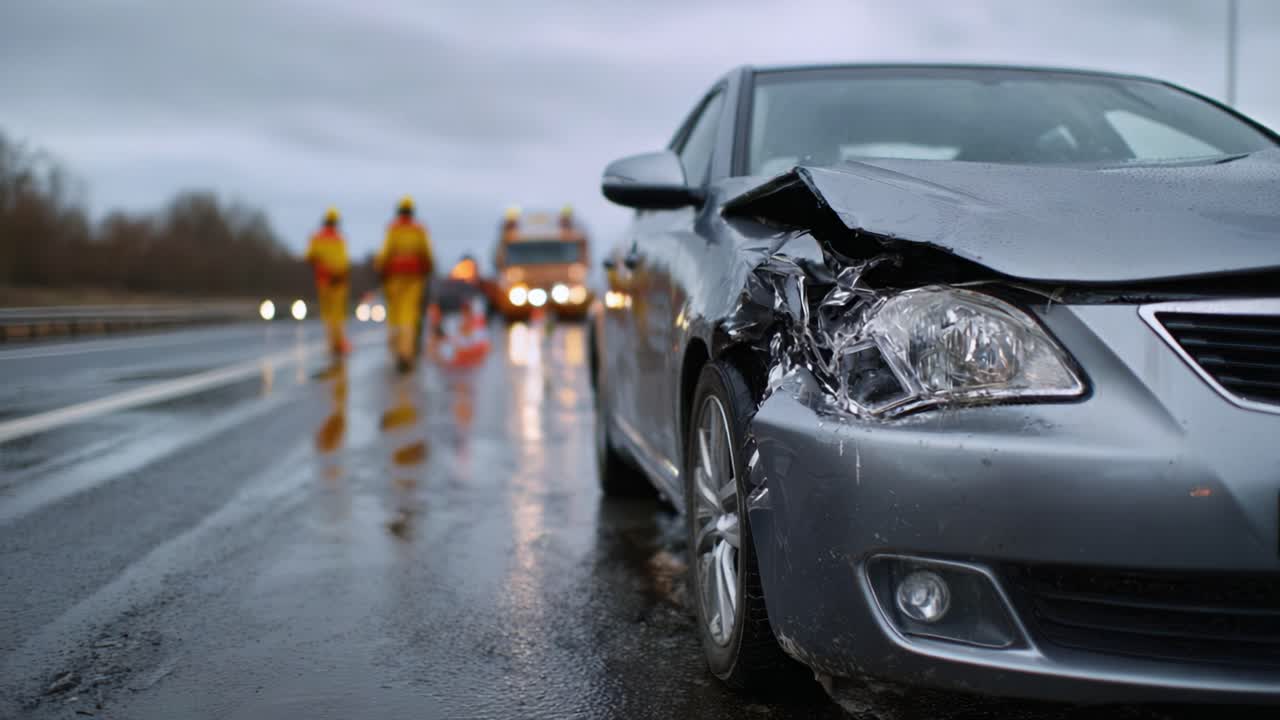 Scena dell'incidente: Veicolo danneggiato su strada bagnata con soccorritori e attrezzature sullo sfondo, che cattura l'urgenza e i passi successivi per la sicurezza stradale