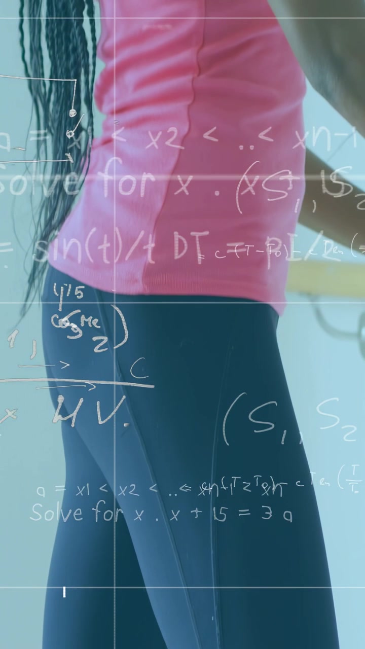 Vertical video: Woman crouching, rising, turning right, reaching bar, math grid hovering, fitness
