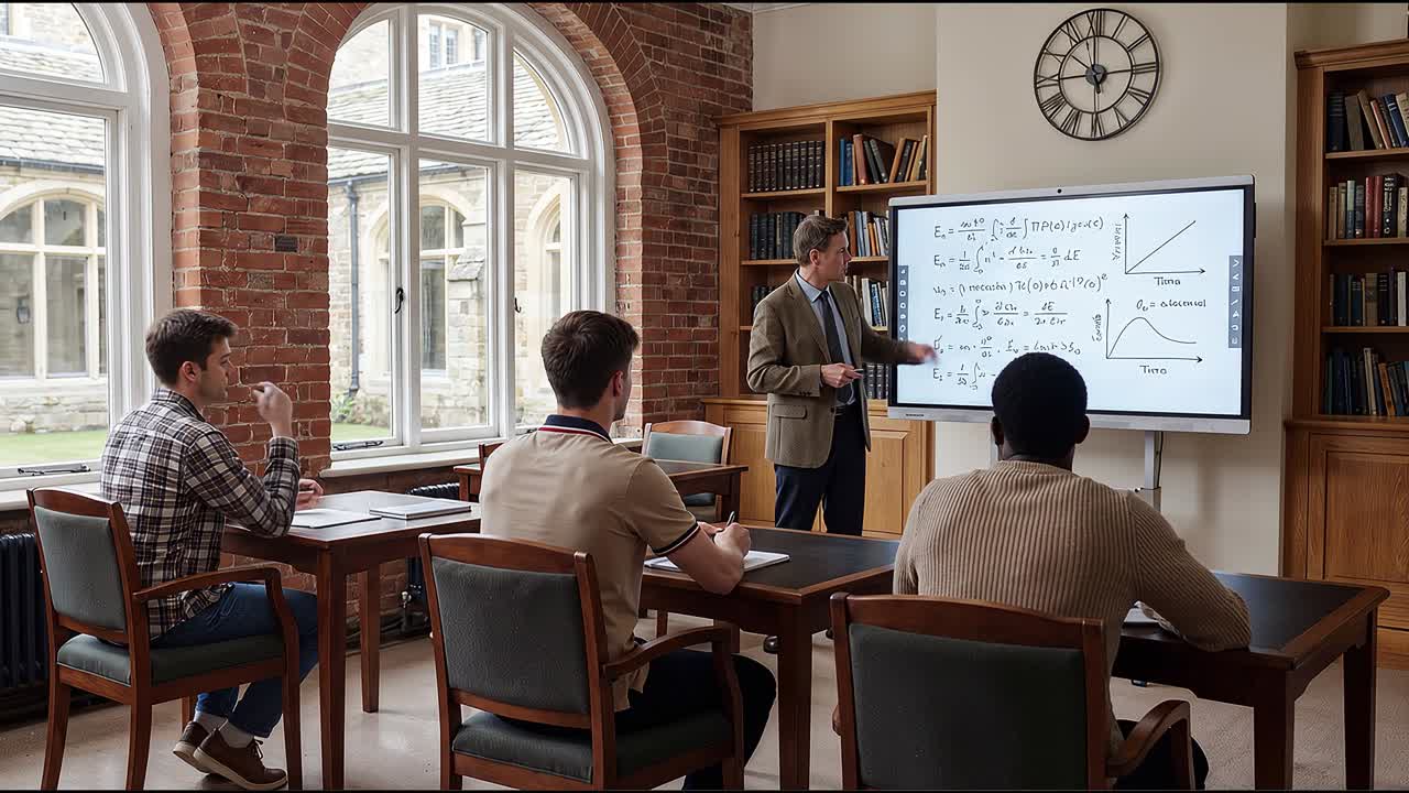 Insegnante che discute di problem solving sulla lavagna mentre gli studenti ascoltano attentamente in un ambiente d'aula moderno
