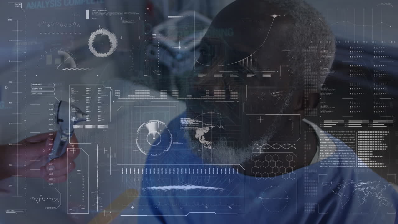 Animation of data processing over african american male doctor