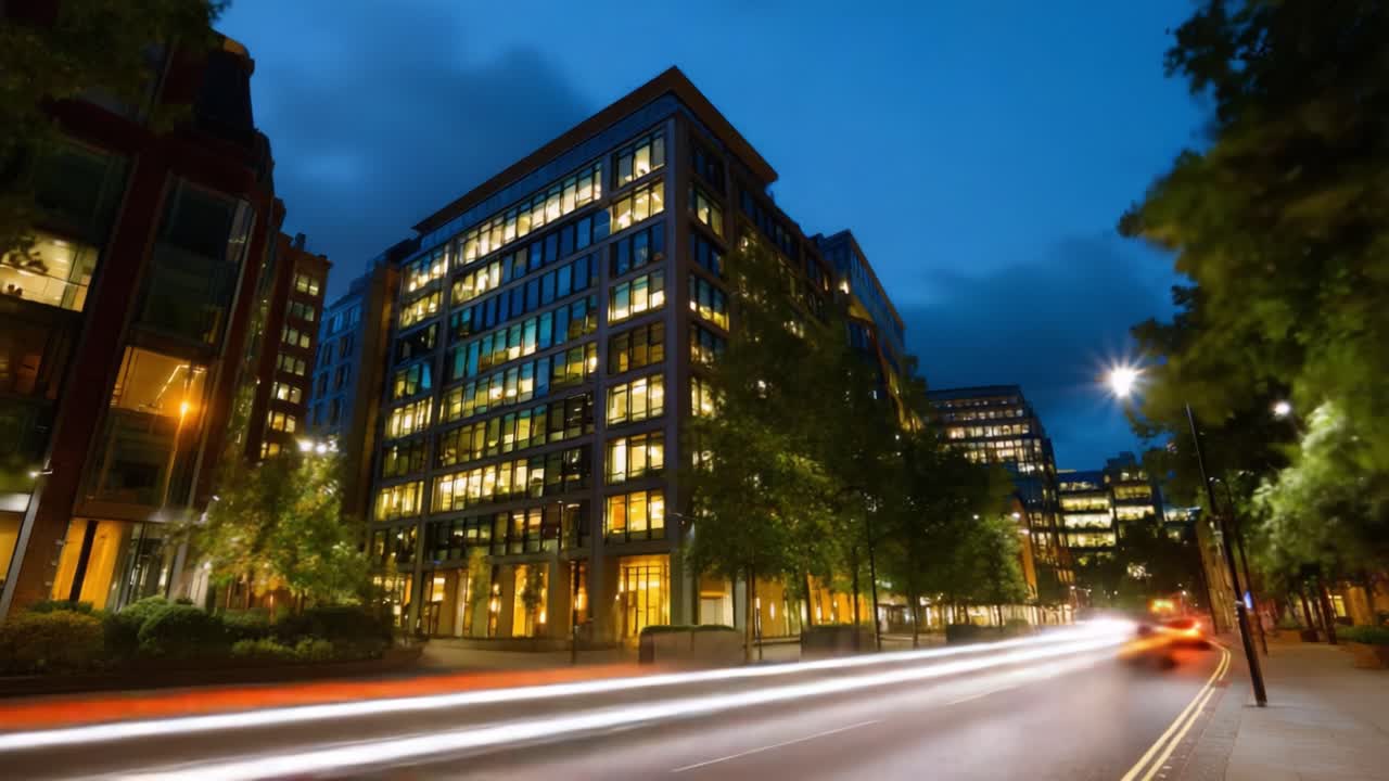 Noite urbana cativante: uma transformação impressionante de um edifício moderno do crepúsculo para a noite, destacando a elegância arquitetônica e a vida dinâmica da cidade