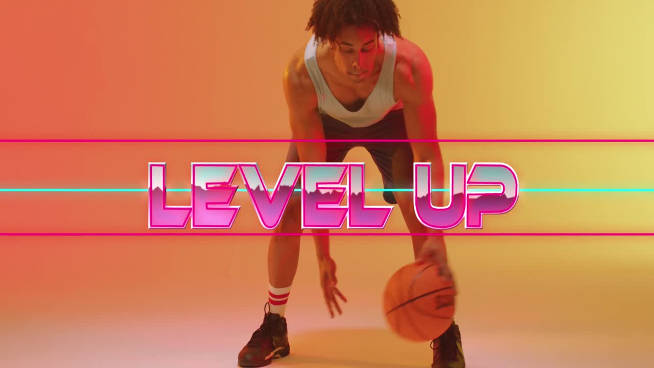 Animation of level up text and neon lines over basketball player on neon background