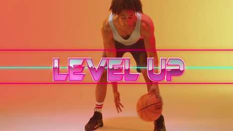 animation of level up text and neon lines over basketball player on neon background