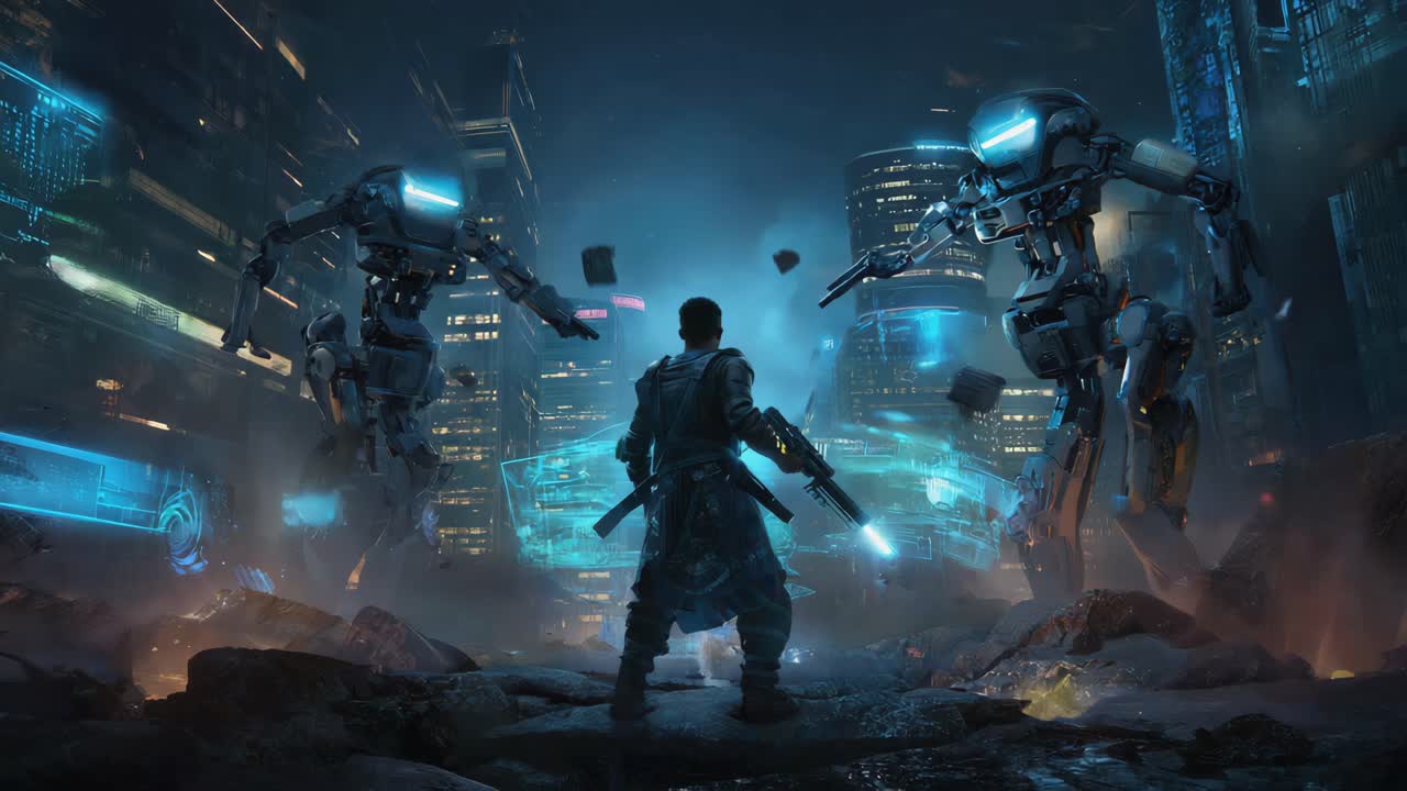 Cyberpunk Warrior in a Futuristic Cityscape with Robot Guardians