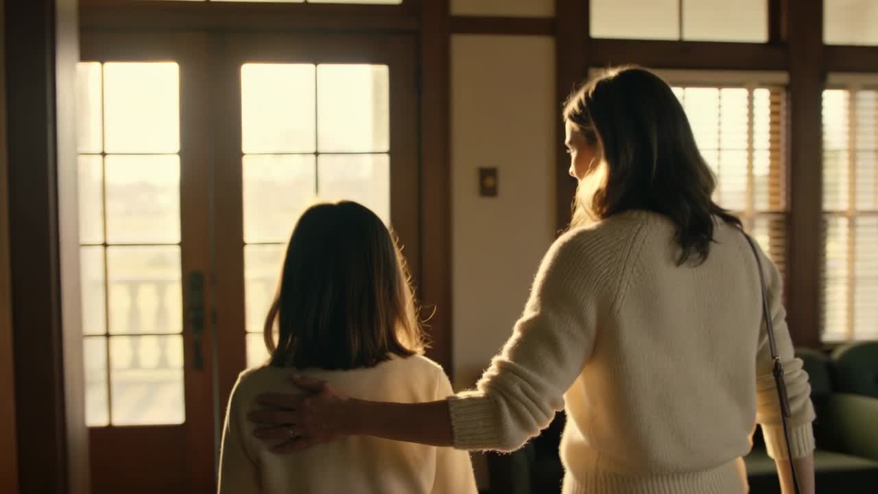 Light intensifying, mother placing hand on child's shoulder at glass doors, guiding in cream knits