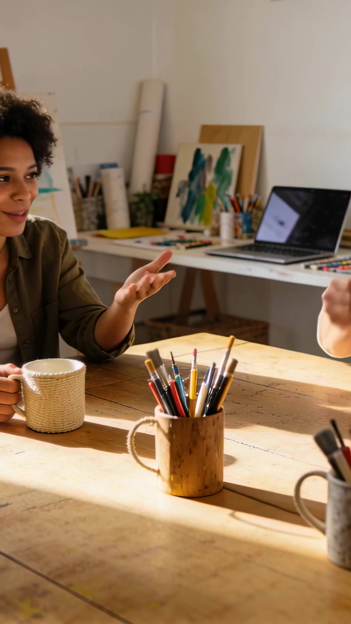 Vertical video: Talking left woman gesturing at studio table, planning with pencils, copy space