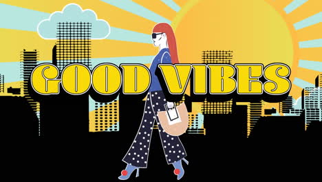 animación de vibraciones texto y dibujo de moda del modelo sobre el paisaje urbano