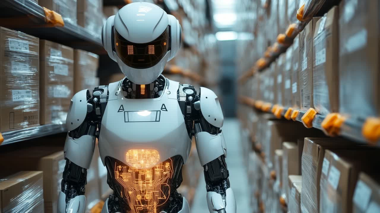 Robot working in a warehouse environment. A humanoid robot stands among shelves filled with boxes, showcasing advanced technology in a busy warehouse.