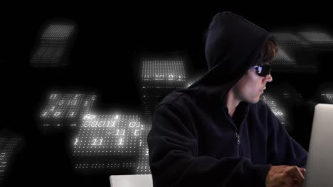 animation of data processing and caucasian male hacker using laptop on black background