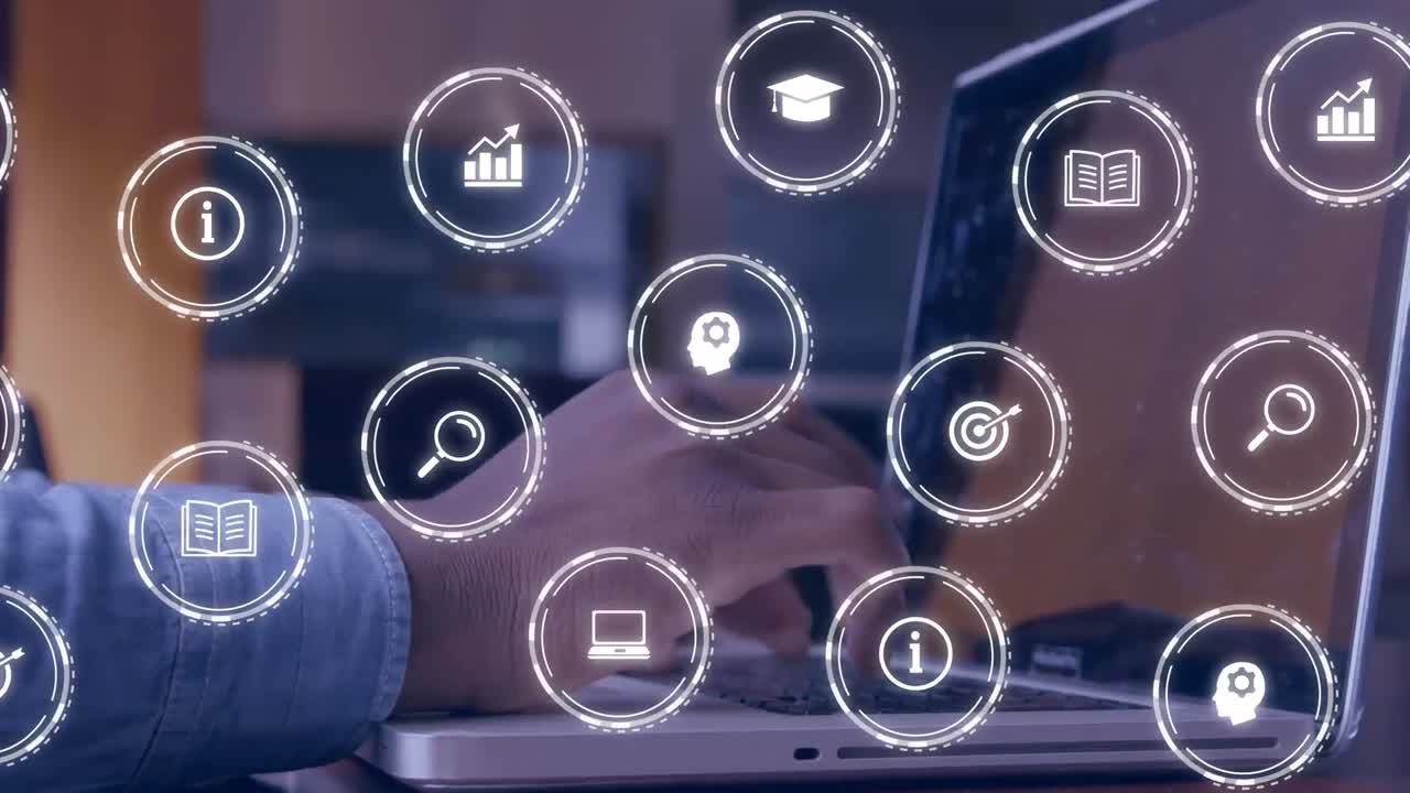 animación de iconos educativos que caen sobre una persona que usa una computadora portátil