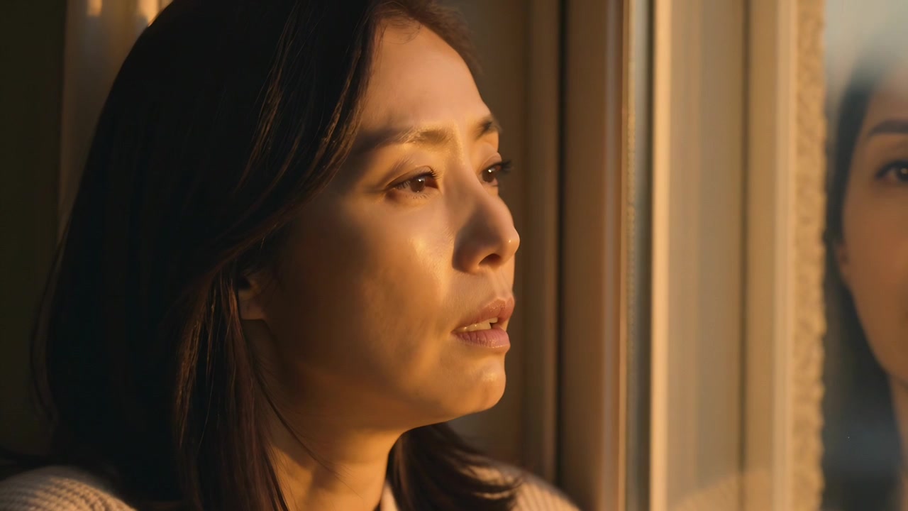 Leaning woman in knit sweater feeling sunlight on right cheek, closing eyes at window, reflection