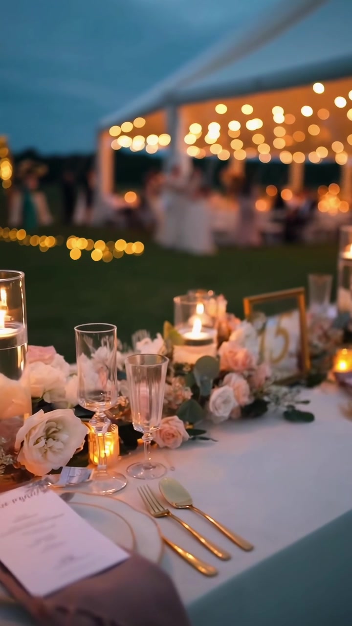 Elegante tavolo da ricevimento nuziale con candele e fiori
