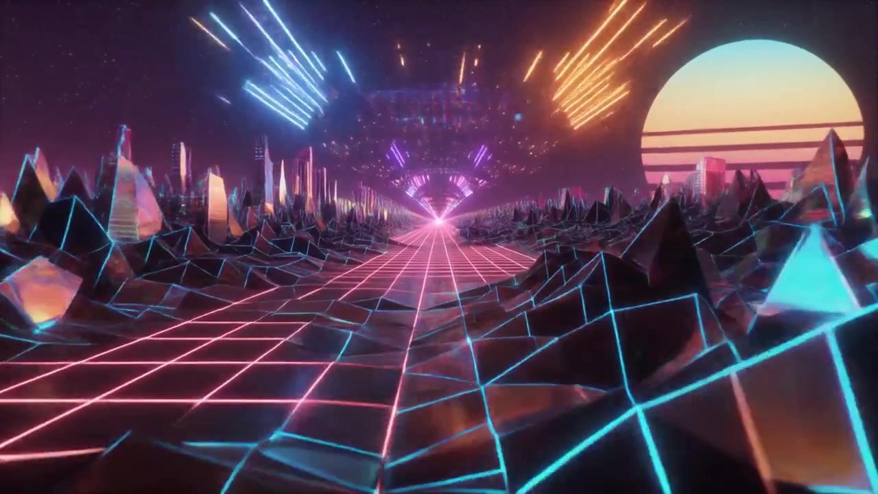 Paesaggio digitale Retro Synthwave con griglia luminosa e tramonto.
