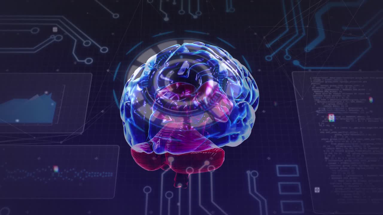 Animation of scope scanning, data processing and human brain spinning with flickering spots