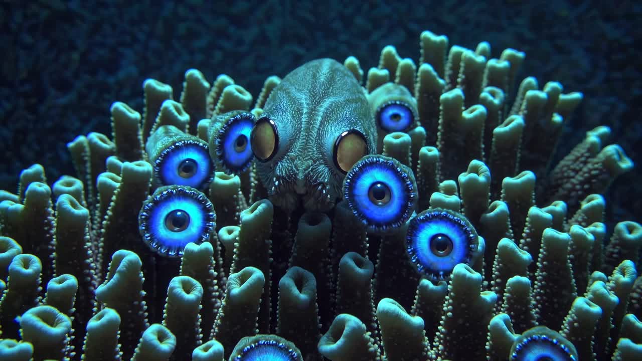 Amazing Underwater Coral Reef Scene with Glowing Eyes