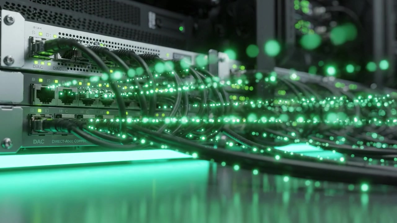 High-Tech Server Room with Network Hardware and Cables Showcasing Advanced Connectivity and Data Management Systems in a Modern Data Center Environment