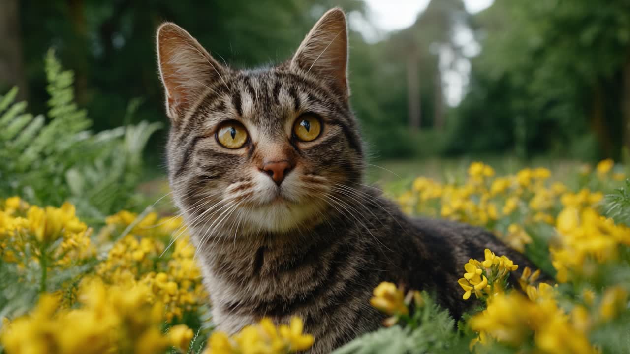 A Stunning Domestic Cat Relaxing Amidst Vibrant Yellow Flowers in a Lush Green Outdoor Setting, Showcasing Its Expressive Eyes and Playful Nature