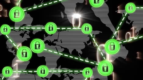 animación de la red de conexiones con candados iconos de seguridad a través de codificación binaria