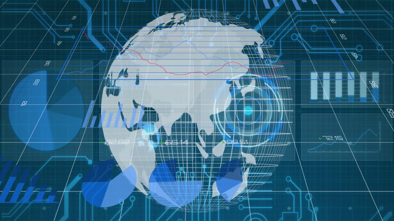 회전하는 지구상에서 다양한 데이터와 그래프의 애니메이션