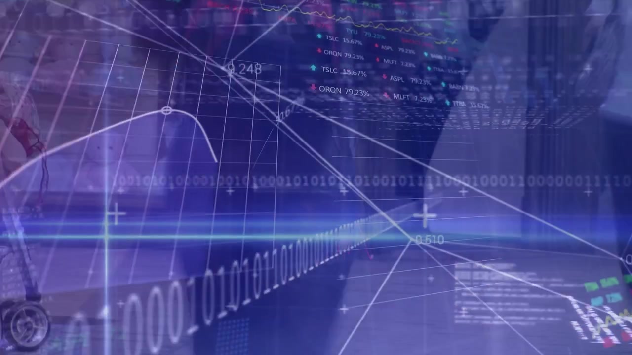 Persone che camminano in uno spazio pubblico con sovrapposizione di dati finanziari digitali