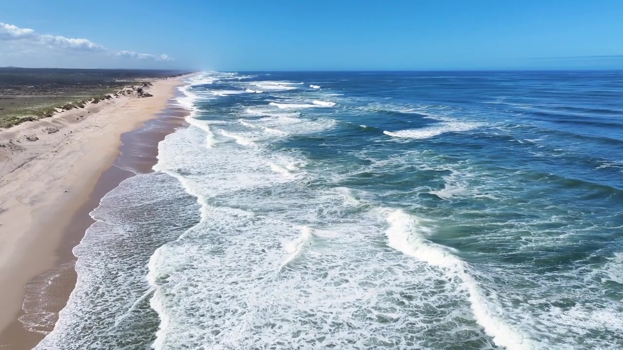Bølger slår ind på sandstrande langs Atlanterhavskysten i Portugal. Dronen fanger det blå hav, der møder kystlinjen. Kystklitter er synlige i landskabet