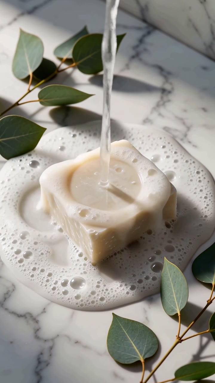 Una vista ravvicinata mostra un getto d'acqua che colpisce una saponetta testurizzata mentre le bolle si espandono su una pietra lucida, con dettagli fogliari che incorniciano la disposizione e una delicata illuminazione che evidenzia i materiali puliti.