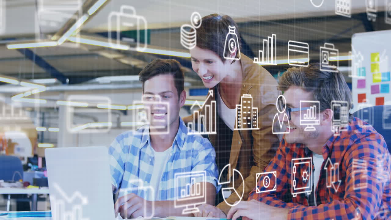 animación de múltiples iconos sobre el patrón de cuadrícula contra diversos compañeros de trabajo discutiendo informes en la computadora portátil.