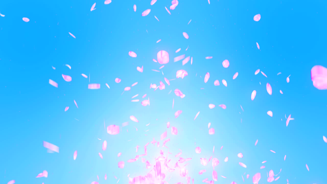 파란색 배경에 떨어지는 체리 꽃 잎, 루프 글리터 애니메이션
